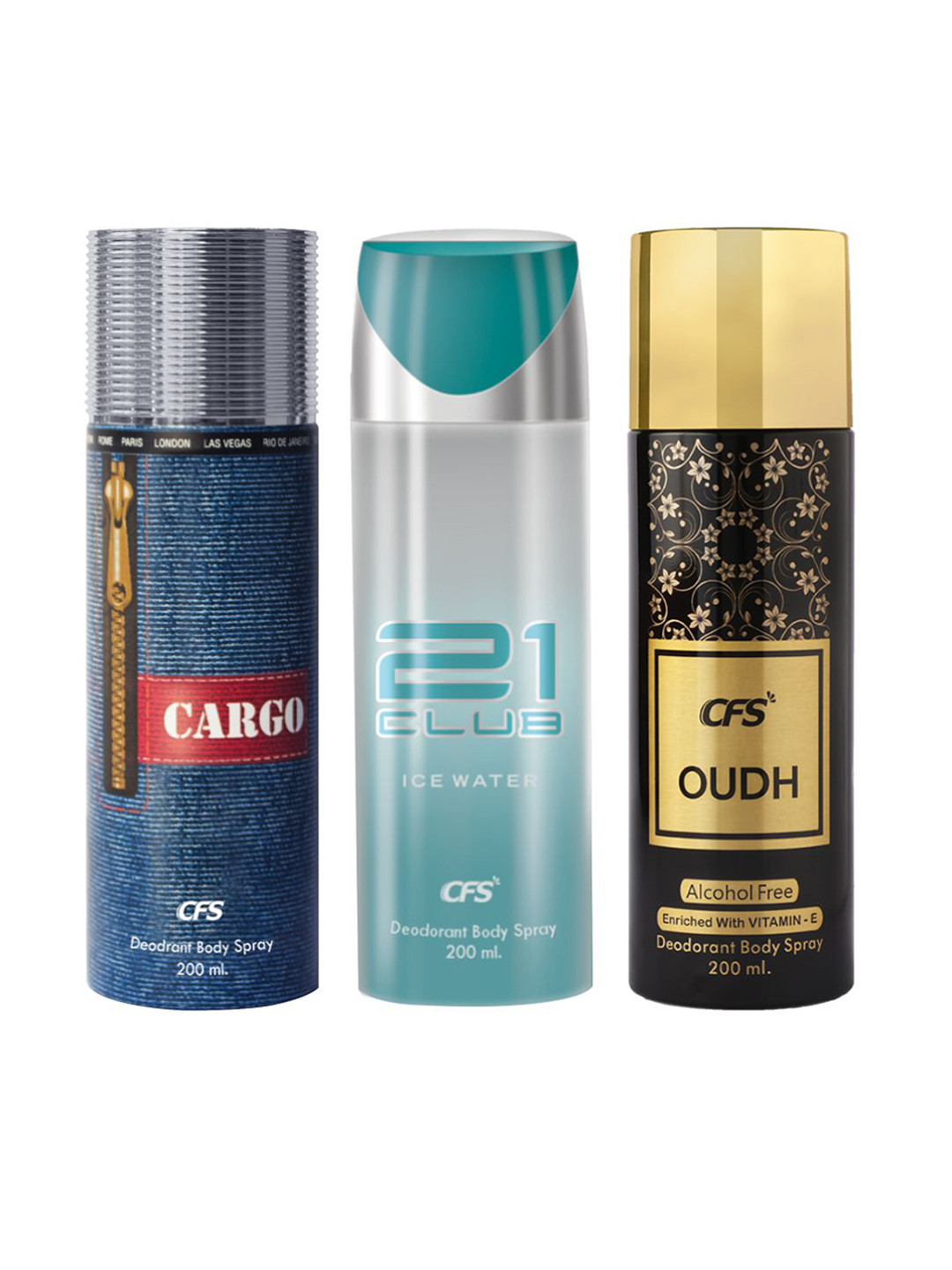 

CFS Set Of 3 Cargo, 21 Club & Oudh Deodorant Body Spray- 200ml Each, Blue