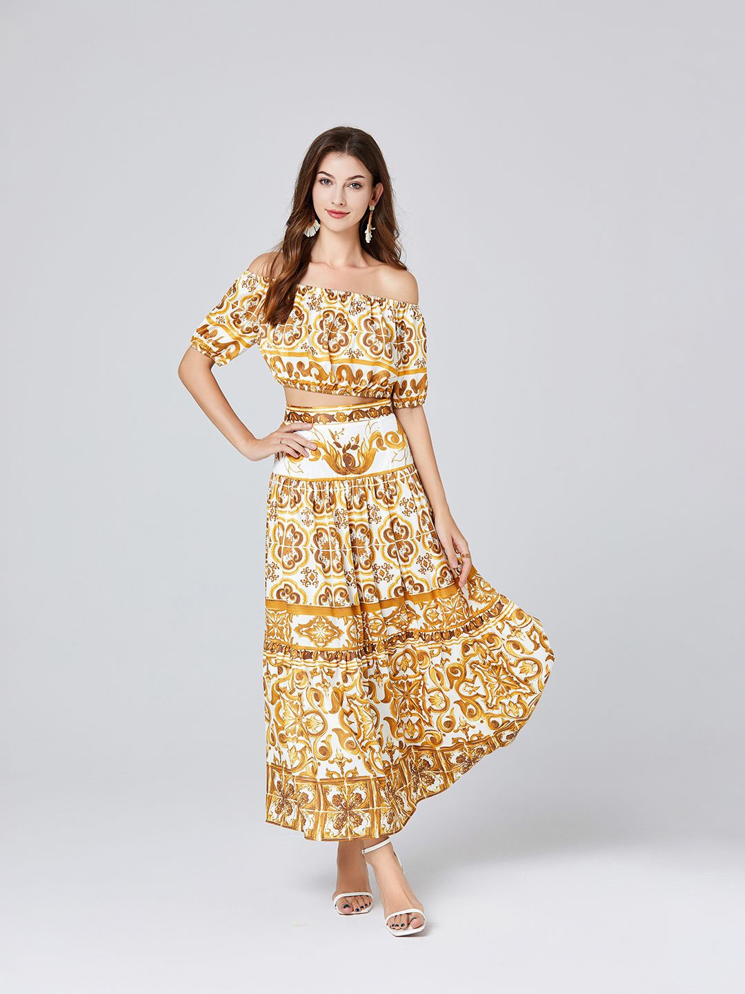 

JC Collection Floral Printed Off-Shoulder Puff Sleeves Casual Top With Skirt, Yellow