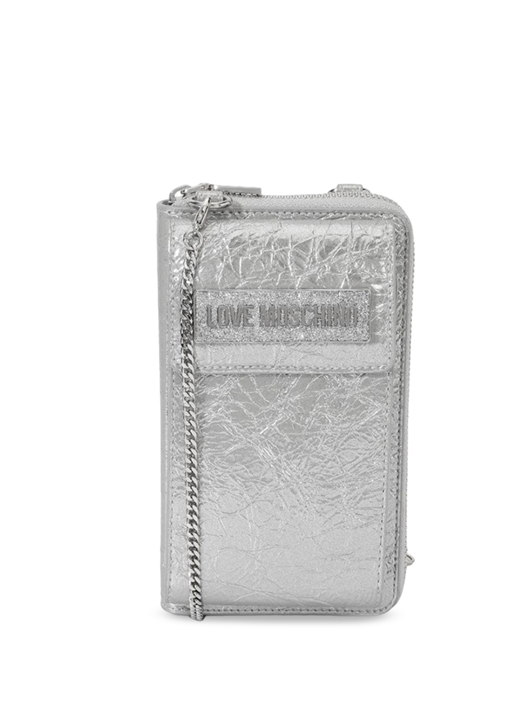 

LOVE MOSCHINO Textured PU Structured Sling Bag, Silver