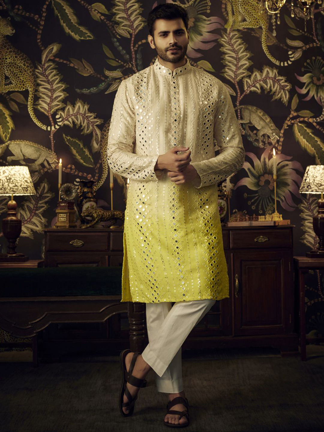 

KASBAH CLOTHING NISHCHAIY SAJDEH Geometric Embroidered Mirror Work Kurta, Yellow