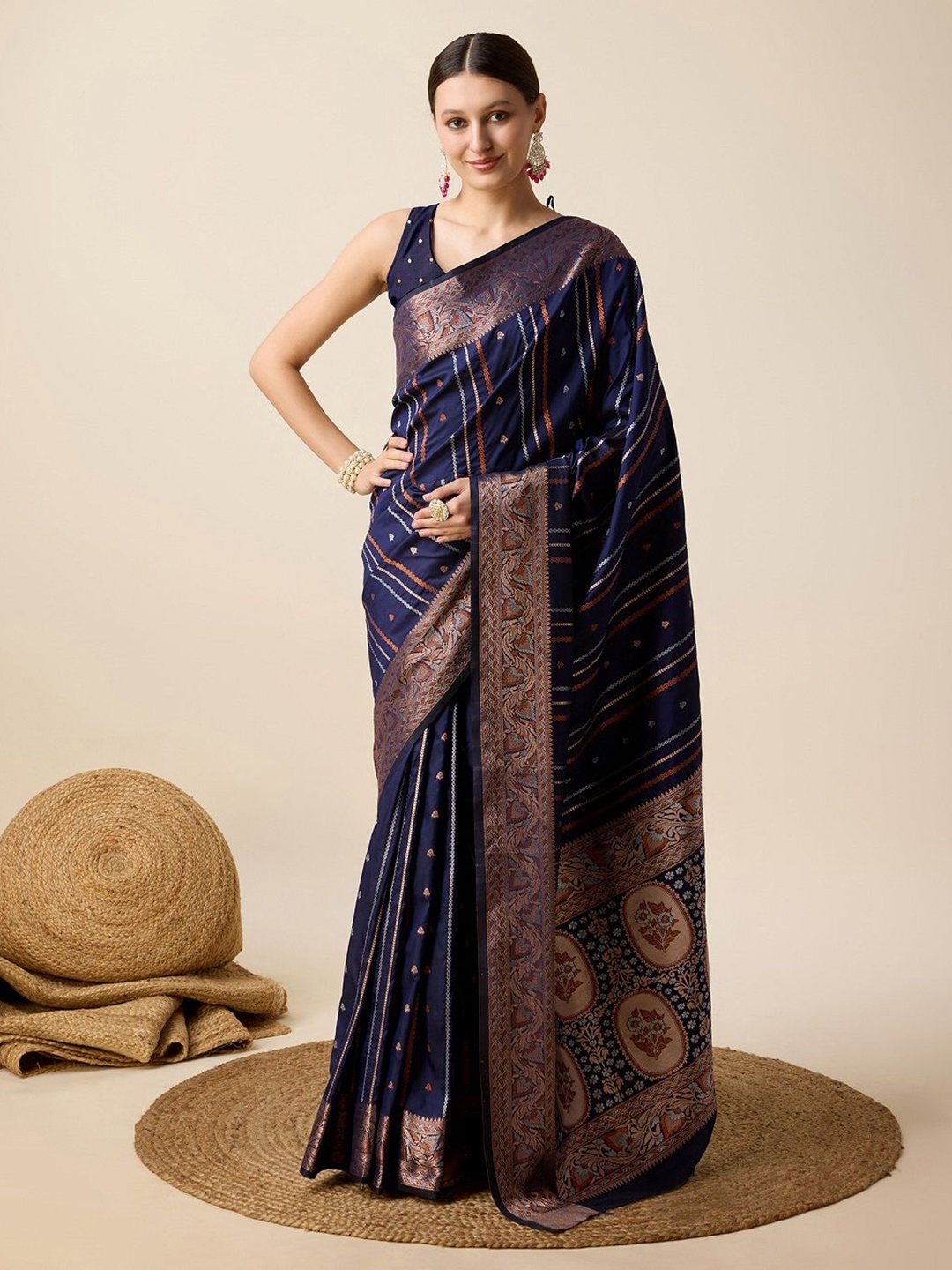 

SHOBHA SAREES Woven Design Zari Pure Silk Kanjeevaram Saree, Navy blue
