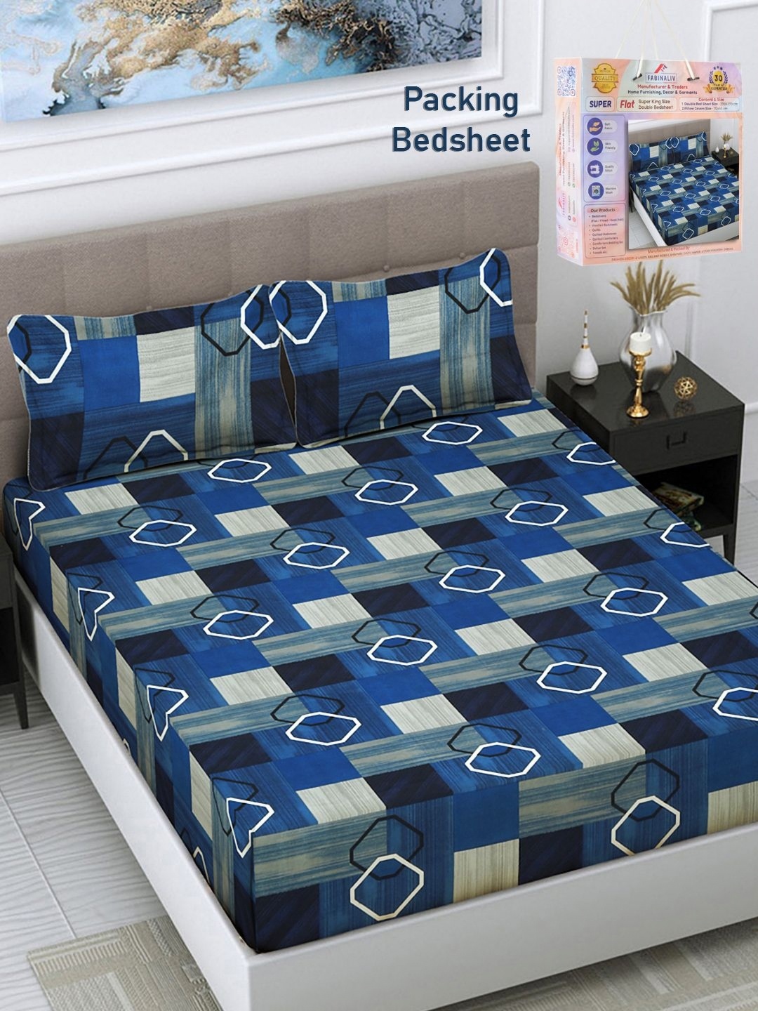 

FABINALIV Blue & White Geometric 300 TC Double King Bedsheet With 2 Pillow Covers