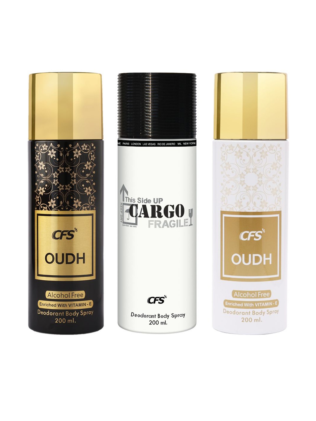 

CFS Set Of 3 Cargo Fragile & Oudh Long Lasting Deodorant Body Spray - 200ml Each, White