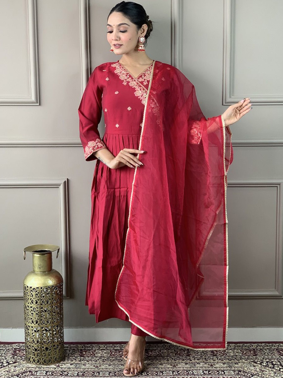 

KALINI Floral Embroidered Angrakha Chanderi Silk Anarkali Kurta With Trousers & Dupatta, Red