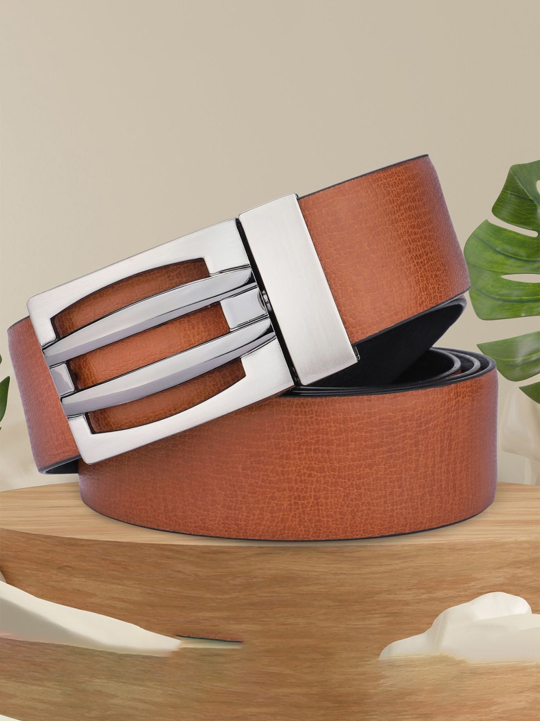 

WINSOME DEAL Men Push Pin Closure Textured Formal Belt, Tan