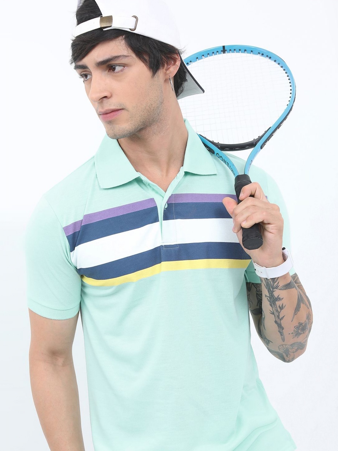 

HIGHLANDER Men Striped V-Neck Applique T-shirt, Sea green