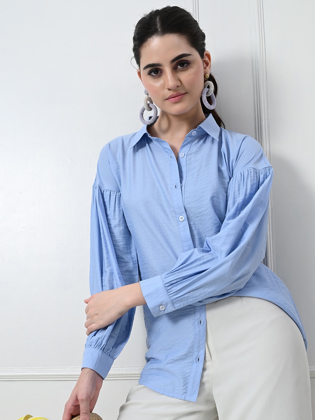 

PANDORNA Women Spread Collar Solid Casual Shirt, Blue