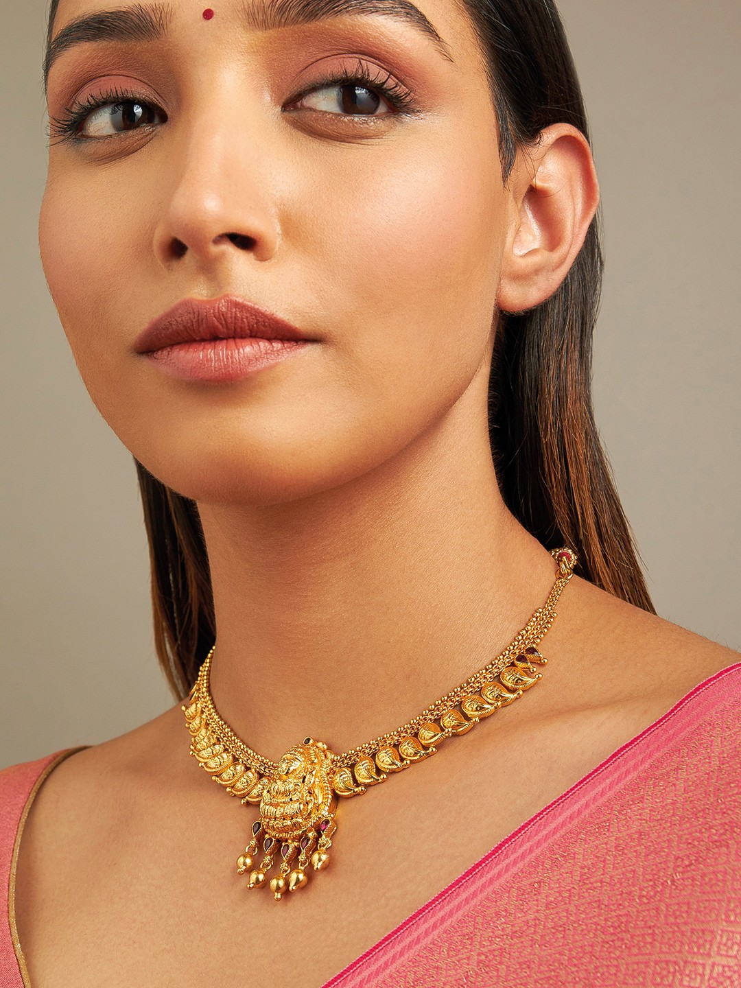 

Kushal's Fashion Jewellery 92.5 Pure Silver Gold-Plated Stone-Studded Temple Necklace