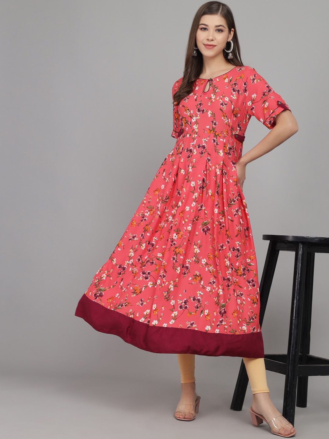 

Anouk Women Floral Printed A-Line Midi Dress, Pink