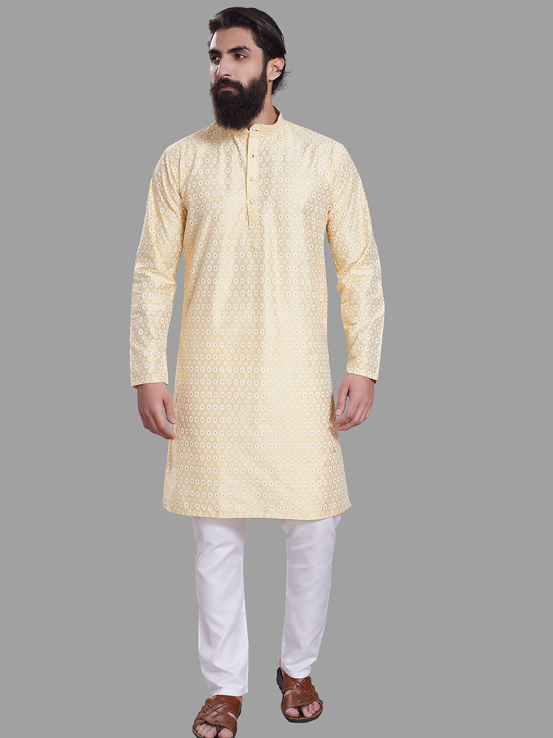 

DIVISIVE Ethnic Motifs Printed Mandarin Collar Straight Kurta, Yellow