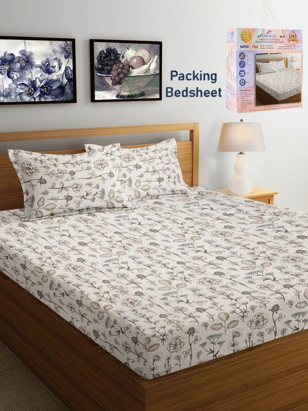 

FABINALIV Beige & Brown Floral 300 TC Double King Bedsheet With 2 Pillow Covers