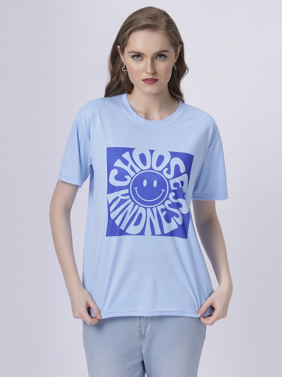 

BABA YAGA Women Typography Printed Drop-Shoulder Sleeves Pockets T-shirt, Blue