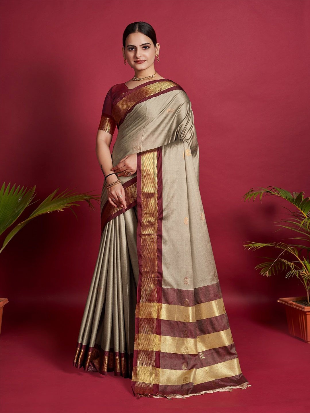 

SHOBHA SAREES Ethnic Motifs Zari Pure Silk Kanjeevaram Saree, Beige