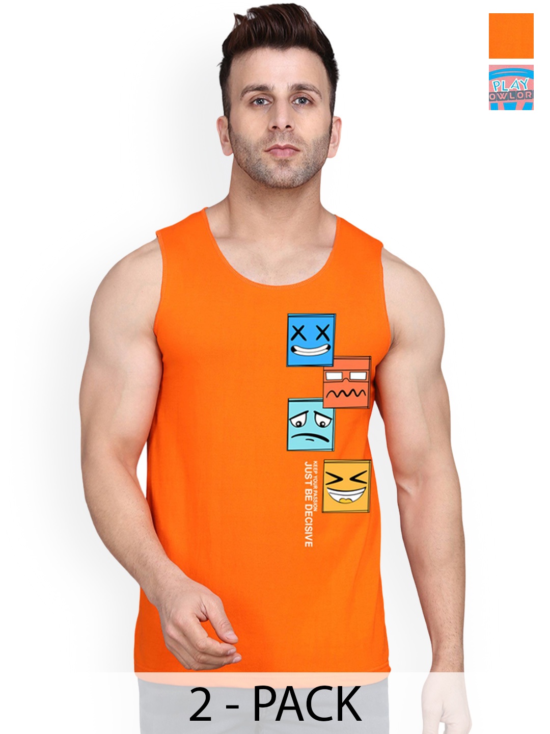 

SLOWLORIS Pack Of 2 Printed Sleeveless Gym Vests, Peach