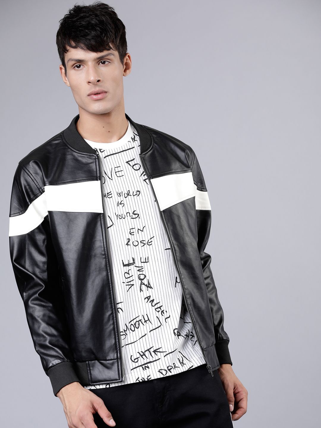 

HIGHLANDER Men Colourblocked Leather Crop Biker Jacket with Patchwork, Black