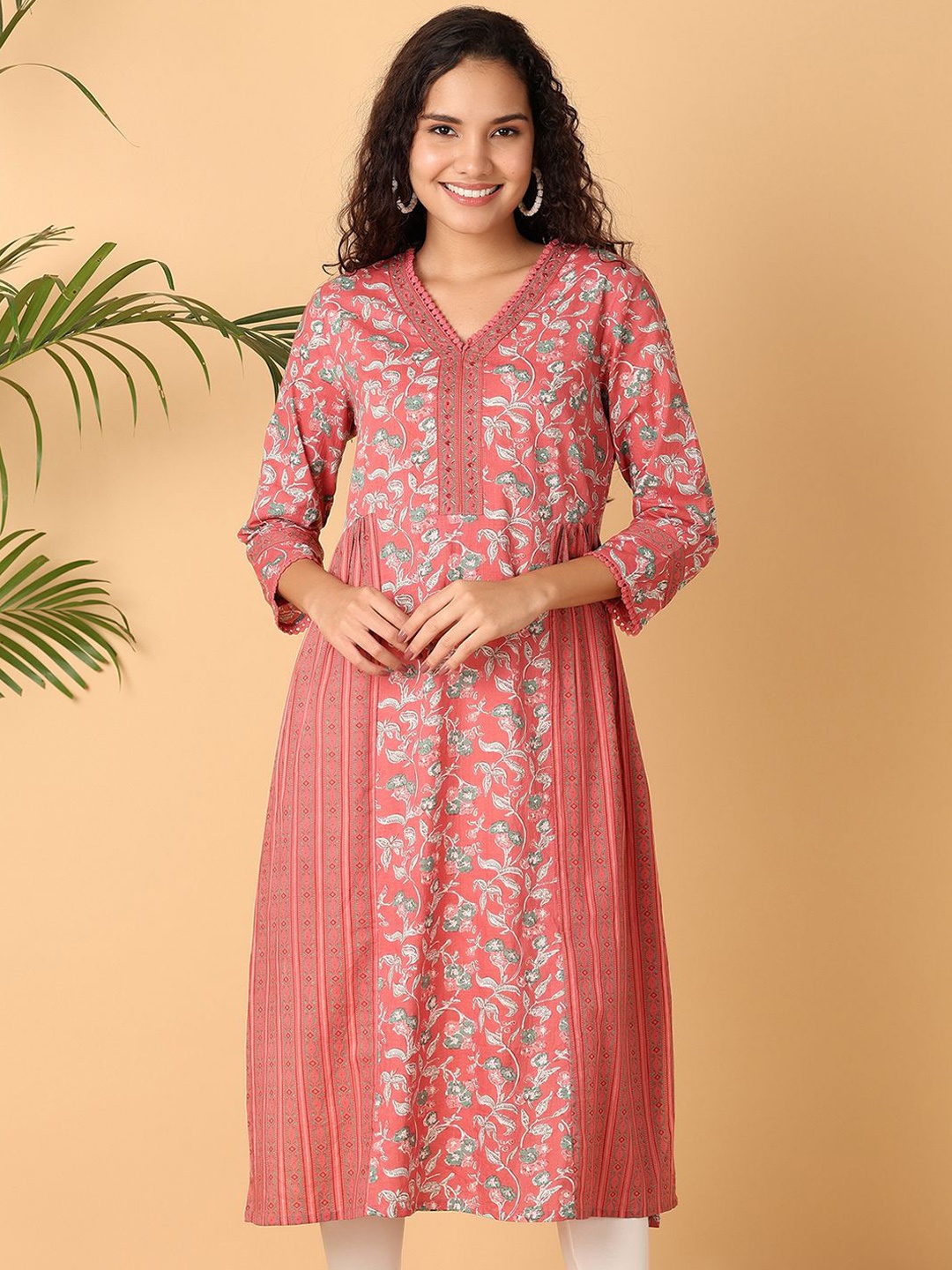 

UNLIMITED V Neck Floral Cotton Printed A-Line Kurta, Pink