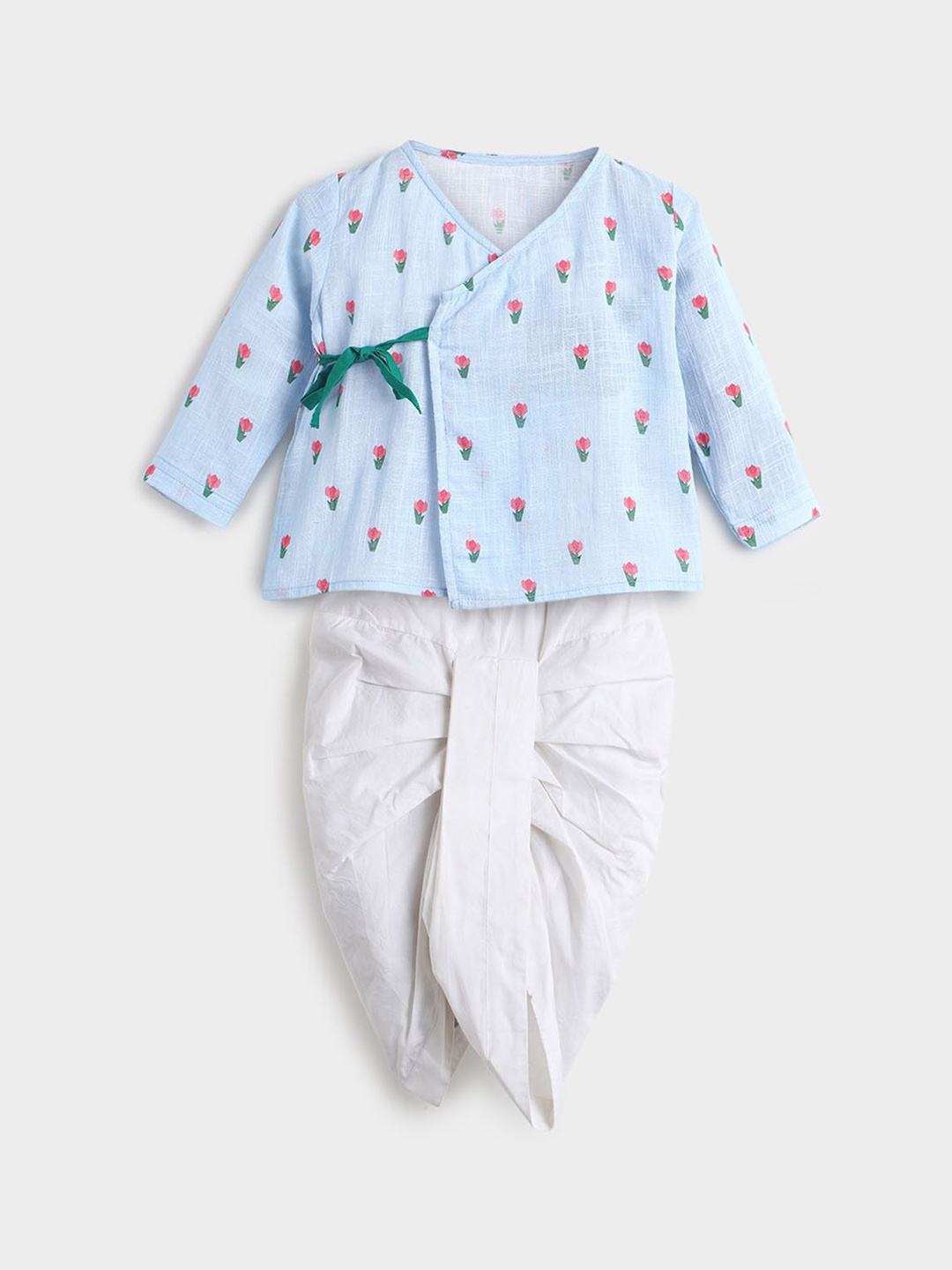 

Somersault Infants Boys Floral Printed Angrakha Pure Cotton Kurta With Dhoti Pants, Blue