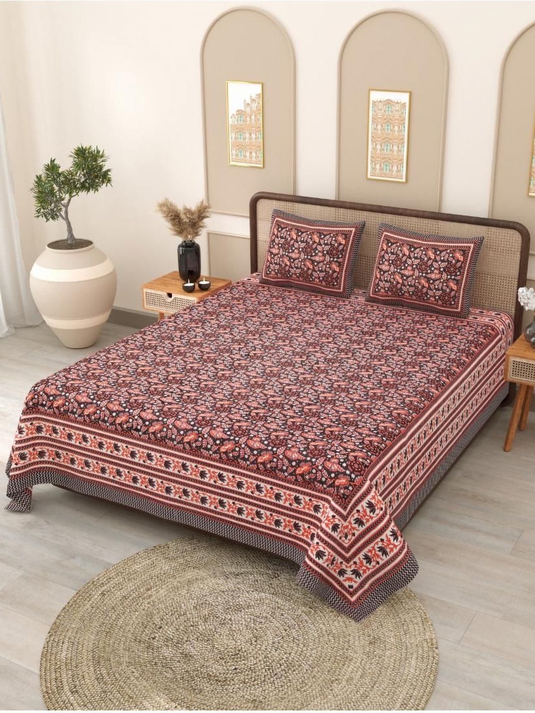 

Block Print Story Grey & Orange Floral 210 TC Queen Bedsheet with 2 Pillow Covers