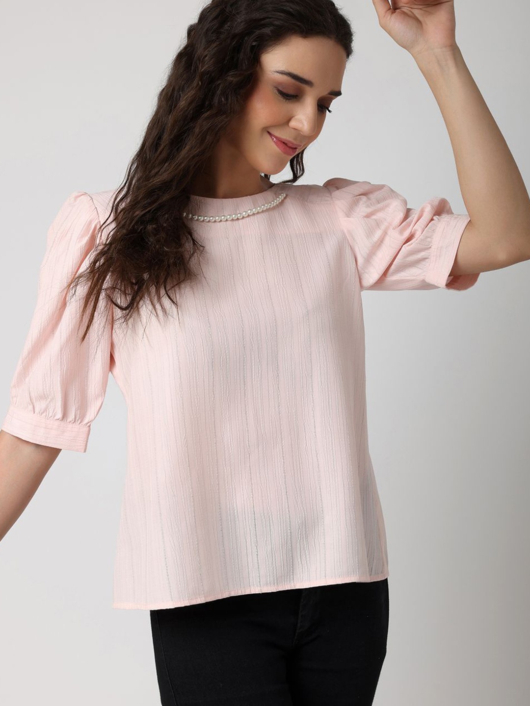 

BLANC9 Womens Solid Round Neck Top, Pink
