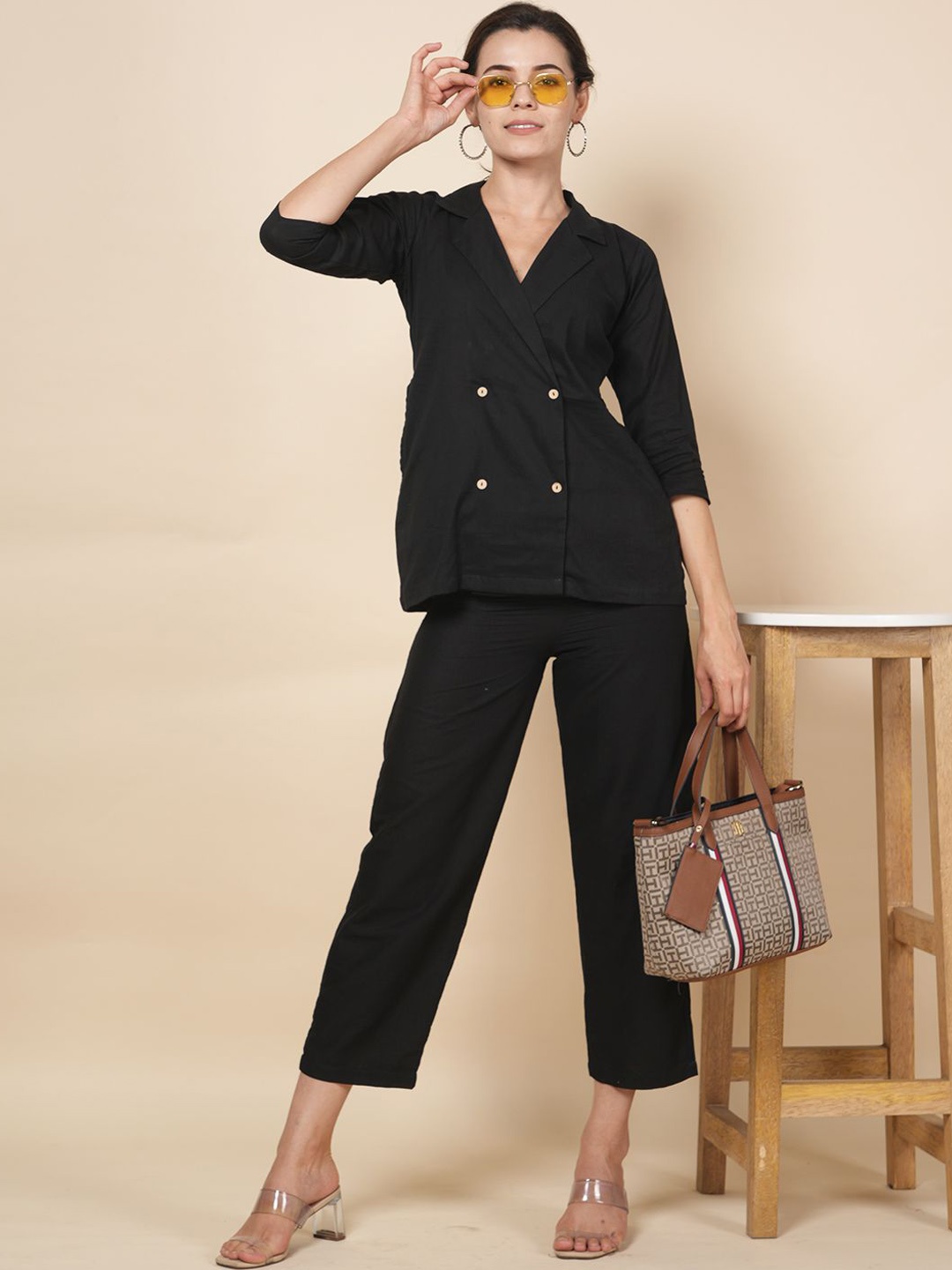

LABEL KRISHA Shirt Collar Shirt With Trousers Co-Ords, Black