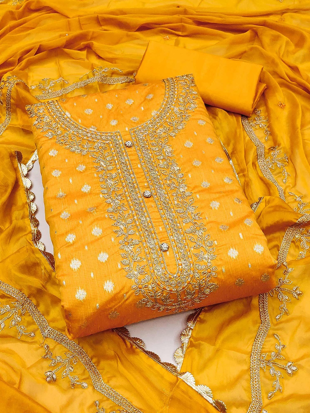 

Peachmode Floral Woven Design Beads and Stones Unstitched Dress Material, Yellow