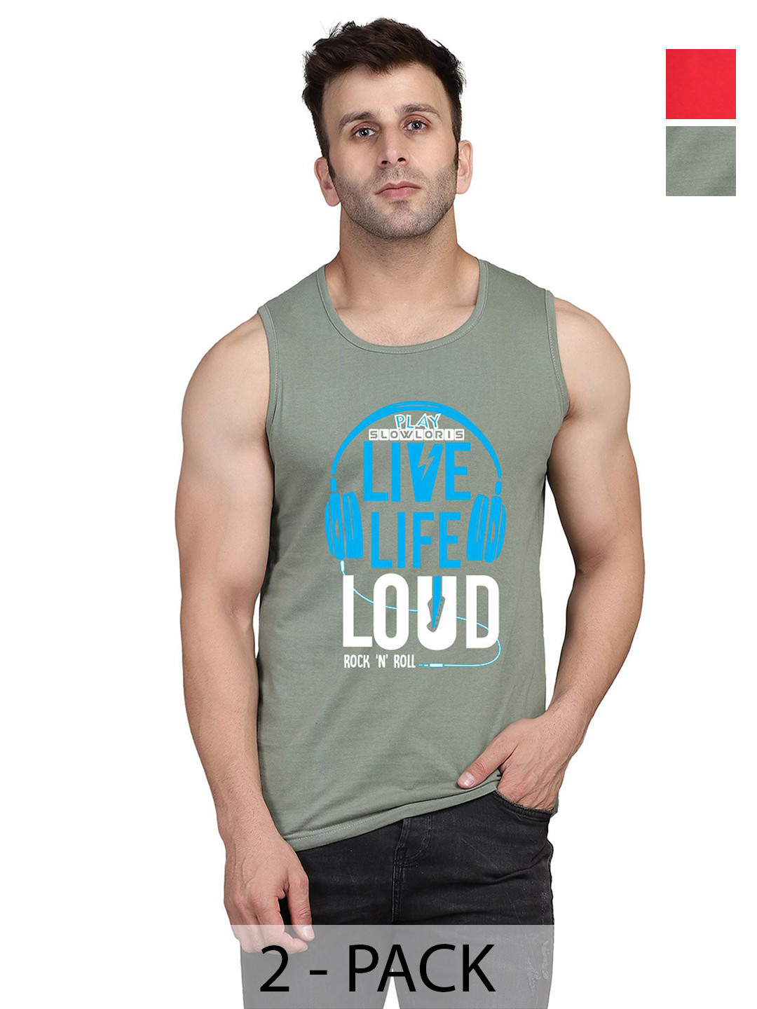 

SLOWLORIS Men Pack Of 2 Typography Printed Round Neck Cotton Slim Fit T-Shirts, Green