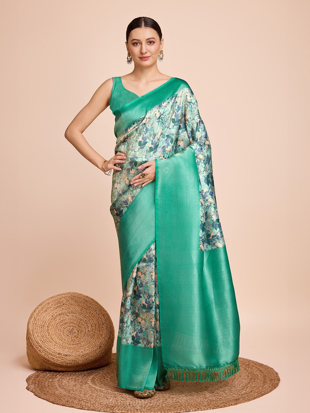 

LEOSAGI Printed Floral Zari Pure Silk Saree, Teal