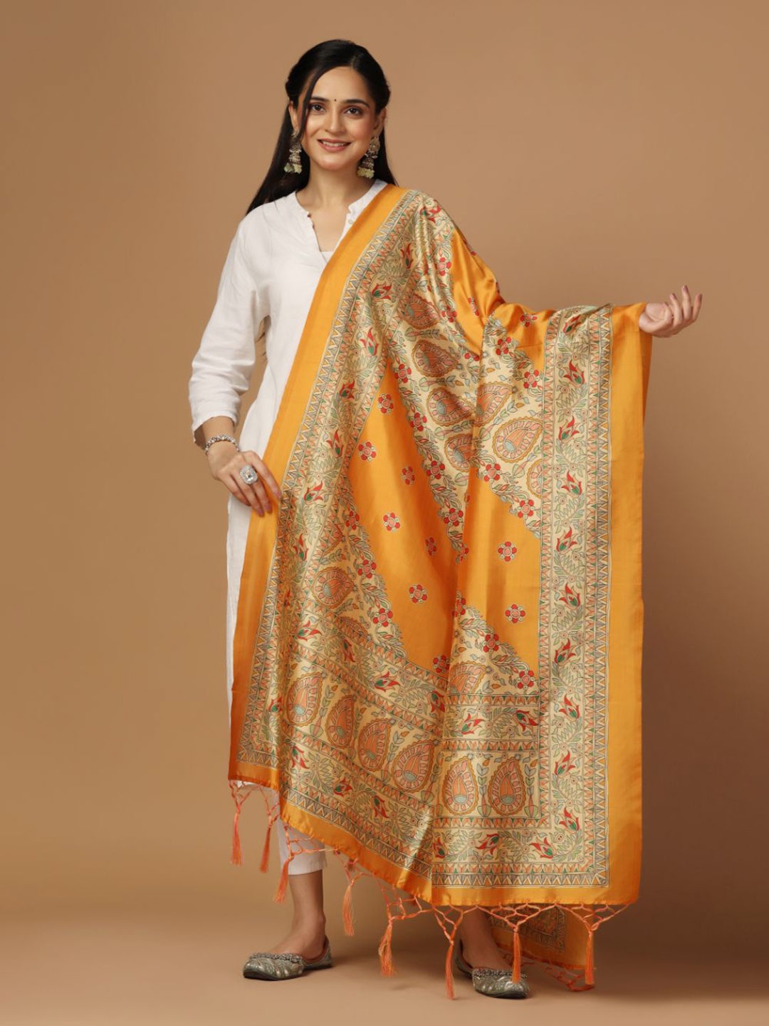 

Kaizen TEXO FAB Ethnic Motifs Printed Assam Silk Tasselled Dupatta, Mustard