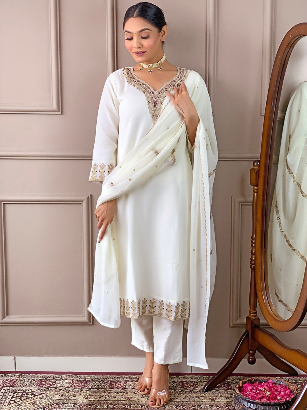 

KALINI Floral Yoke Design Straight Sequinned Kurta with Trousers & Dupatta, White