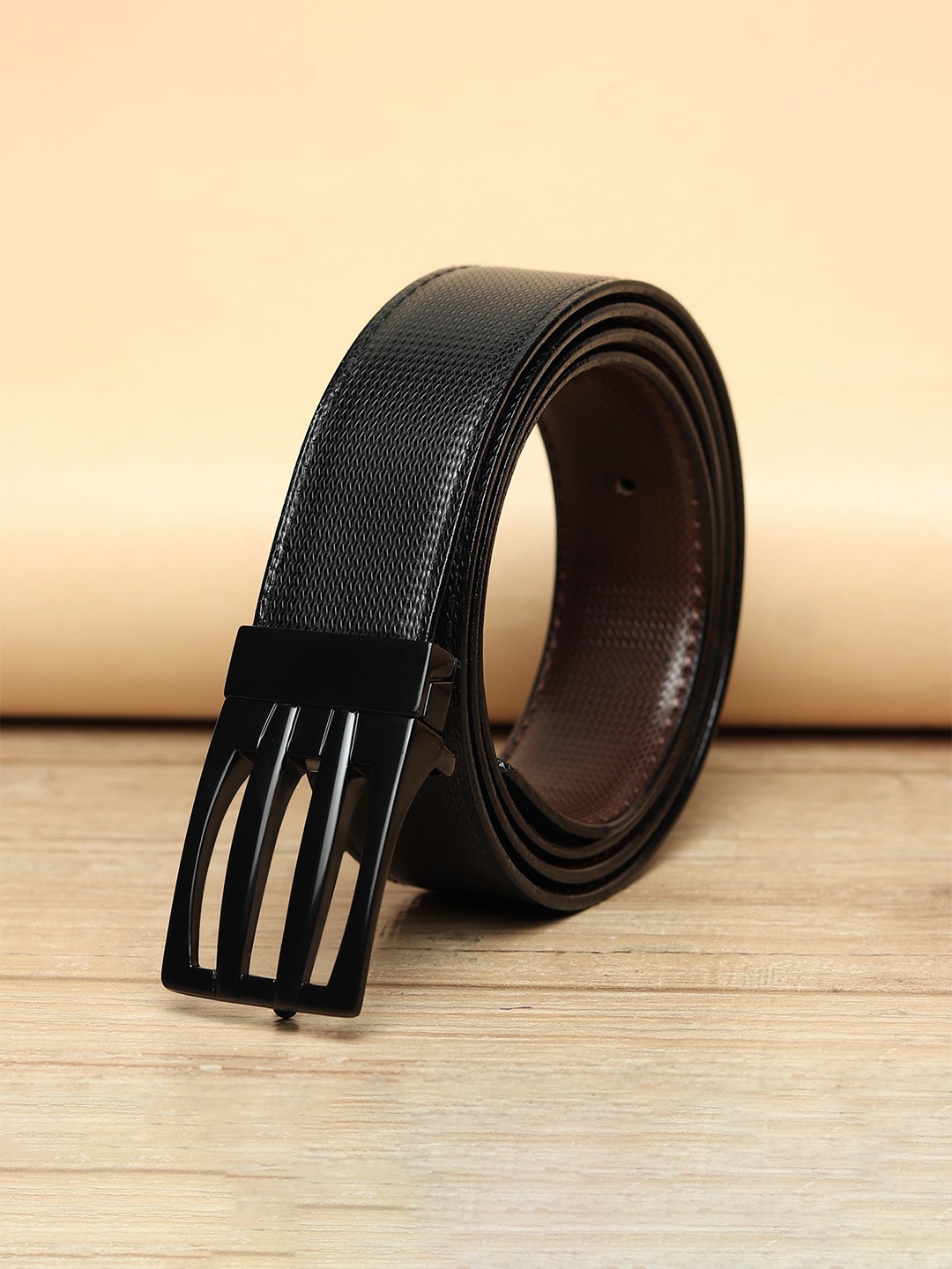 

WINSOME DEAL Men Push Pin Closure Textured Formal Belt, Black