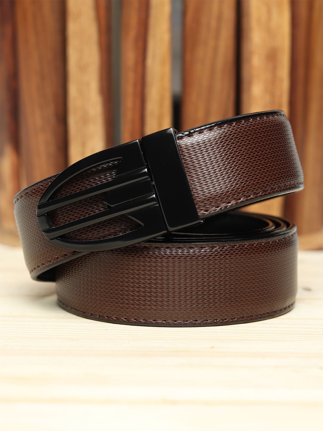 

WINSOME DEAL Men Push Pin Closure Textured Formal Belt, Brown