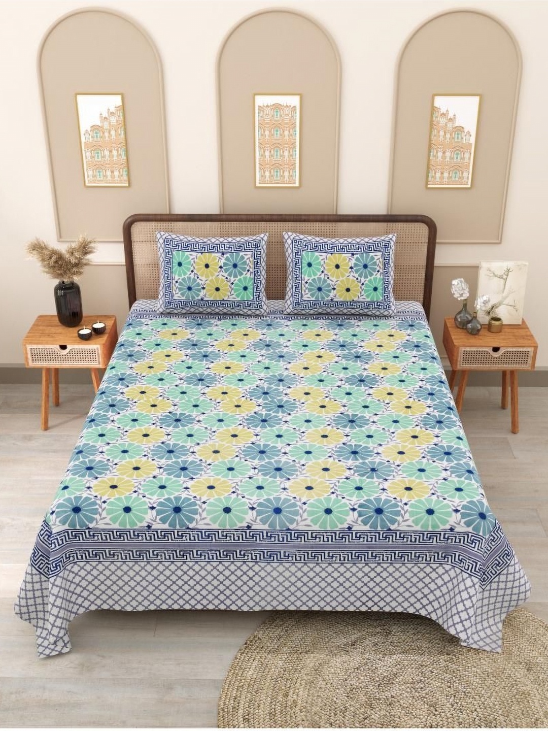 

Block Print Story Blue & Green Floral 210 TC Queen Bedsheet with 2 Pillow Covers