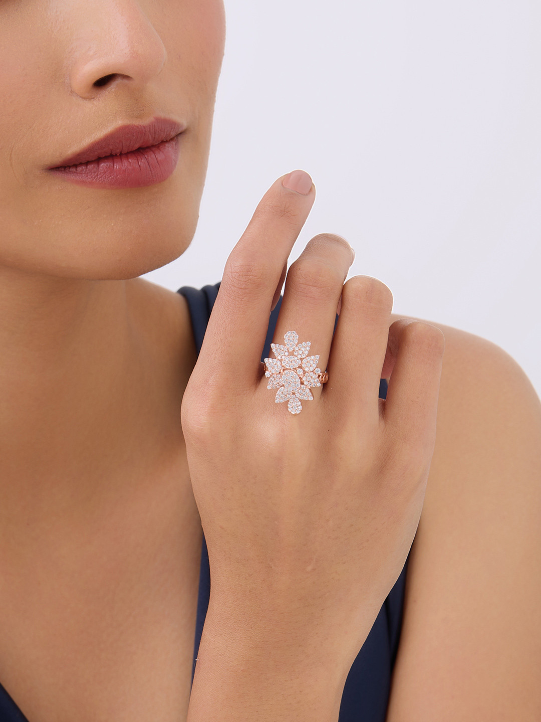 

Kushal's Fashion Jewellery Rose Gold-Plated CZ-Stone Studded Floral Finger Ring