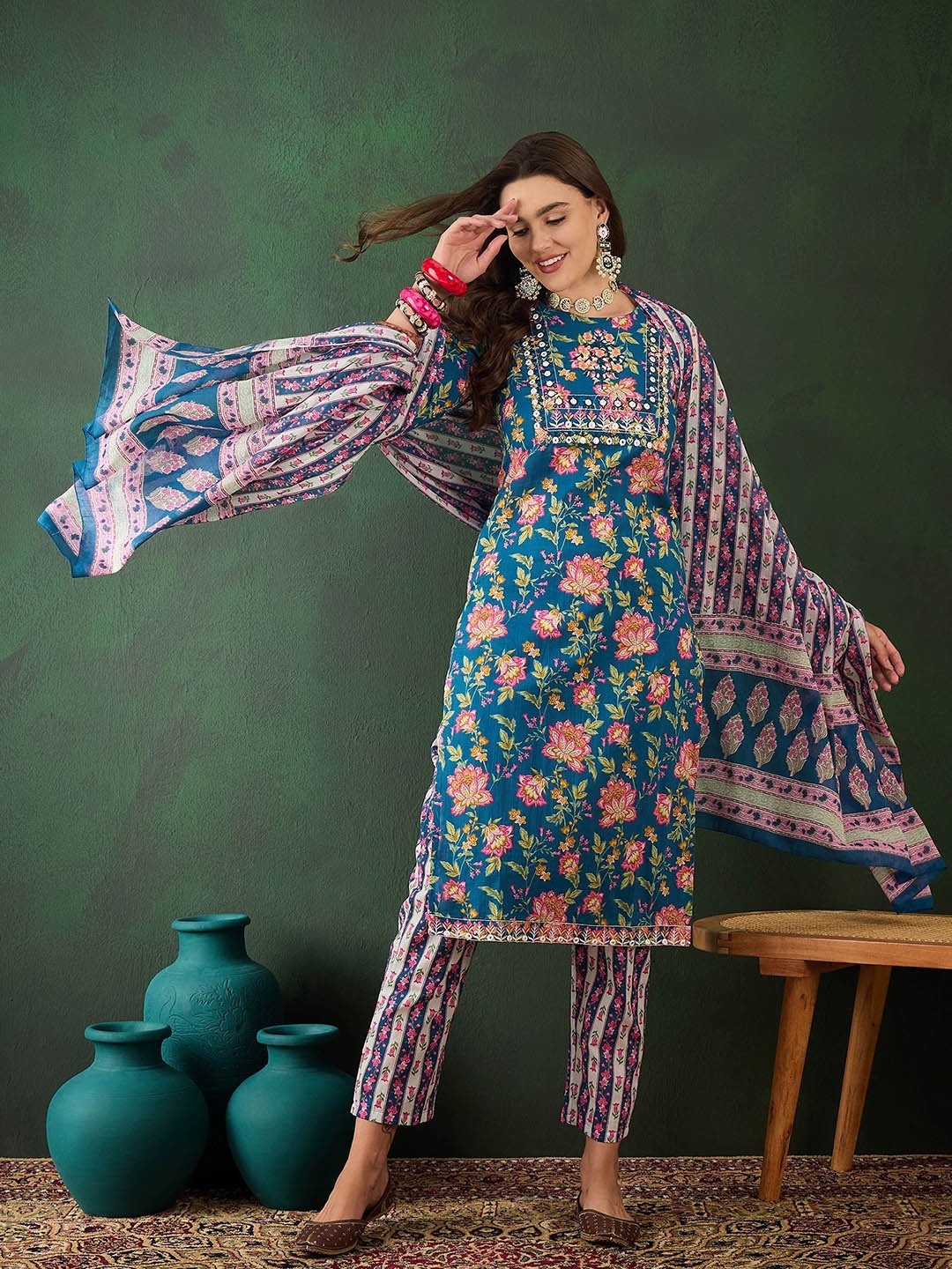 

Vastramyaa Women Floral Printed Regular Thread Work Pure Cotton Kurta with Trousers & With Dupatta, Teal