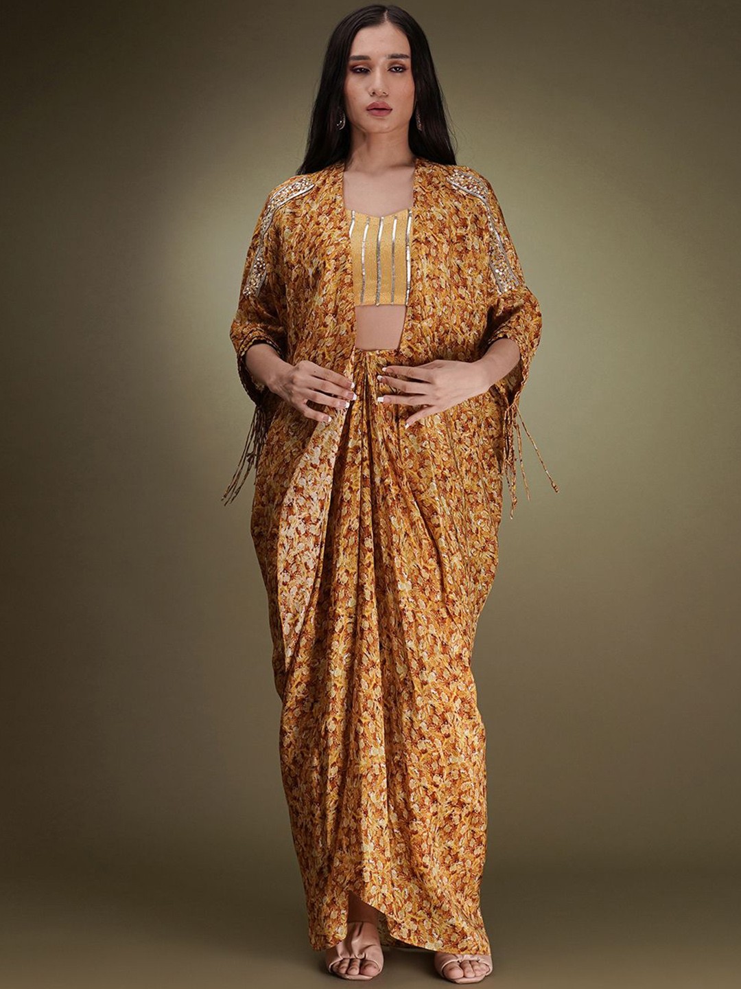 

Breathe by Aakanksha Singh Embellished Shoulder Straps Shrug & Top & Skirt, Mustard
