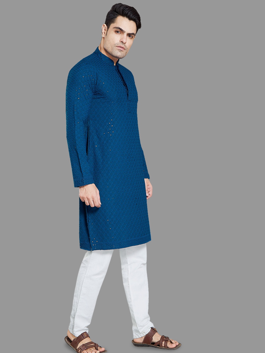 

DIVISIVE Floral Embroidered Mandarin Collar Sequinned Straight Kurta, Teal