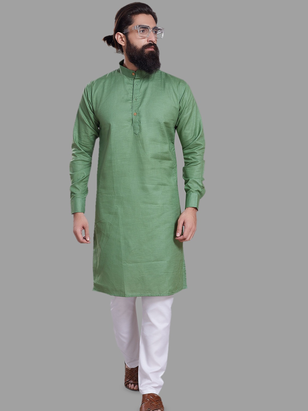 

DIVISIVE Band Collar Pure Cotton Straight Kurta, Green