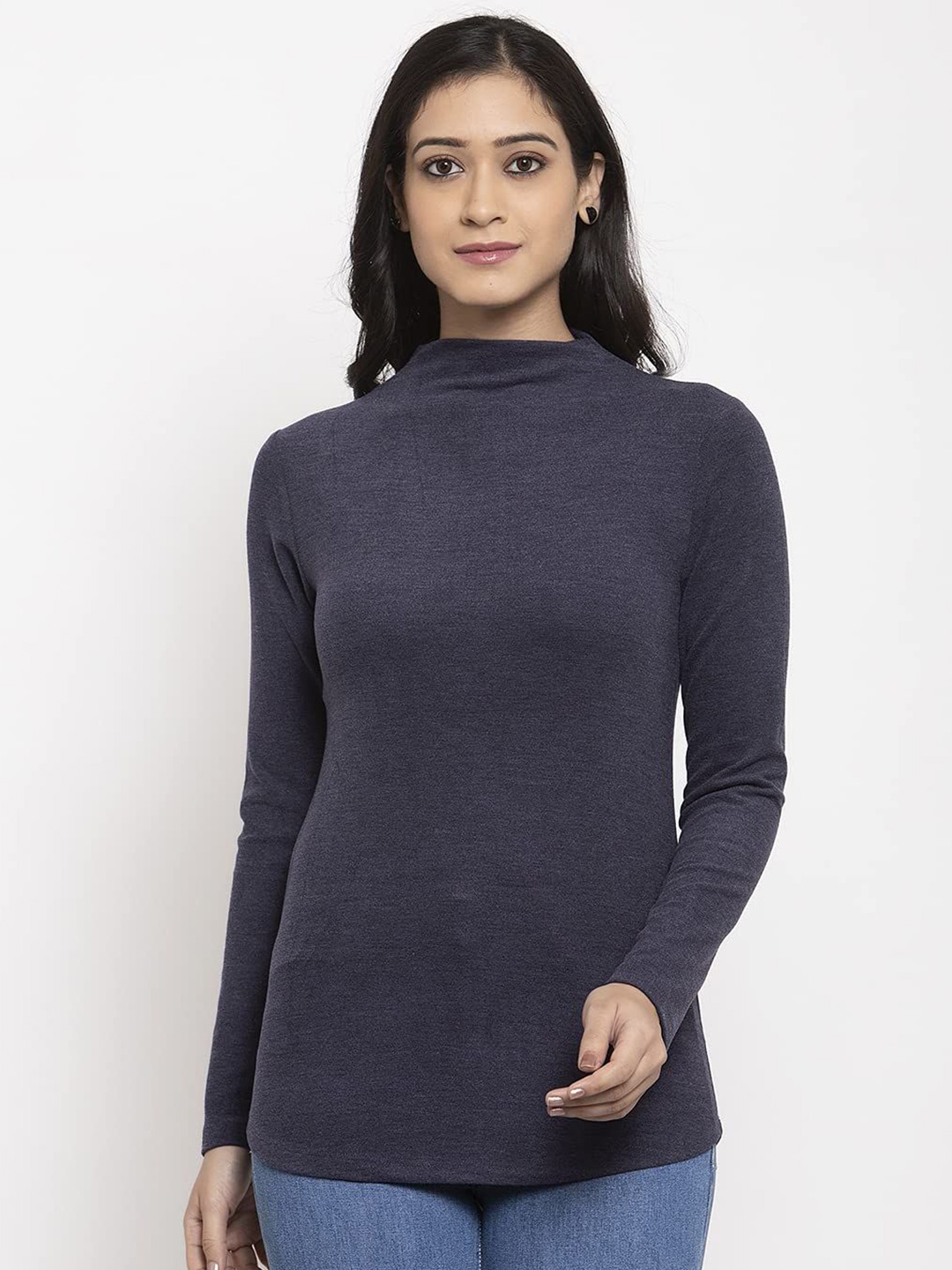 

Global Republic Women Solid High Neck Top, Navy blue