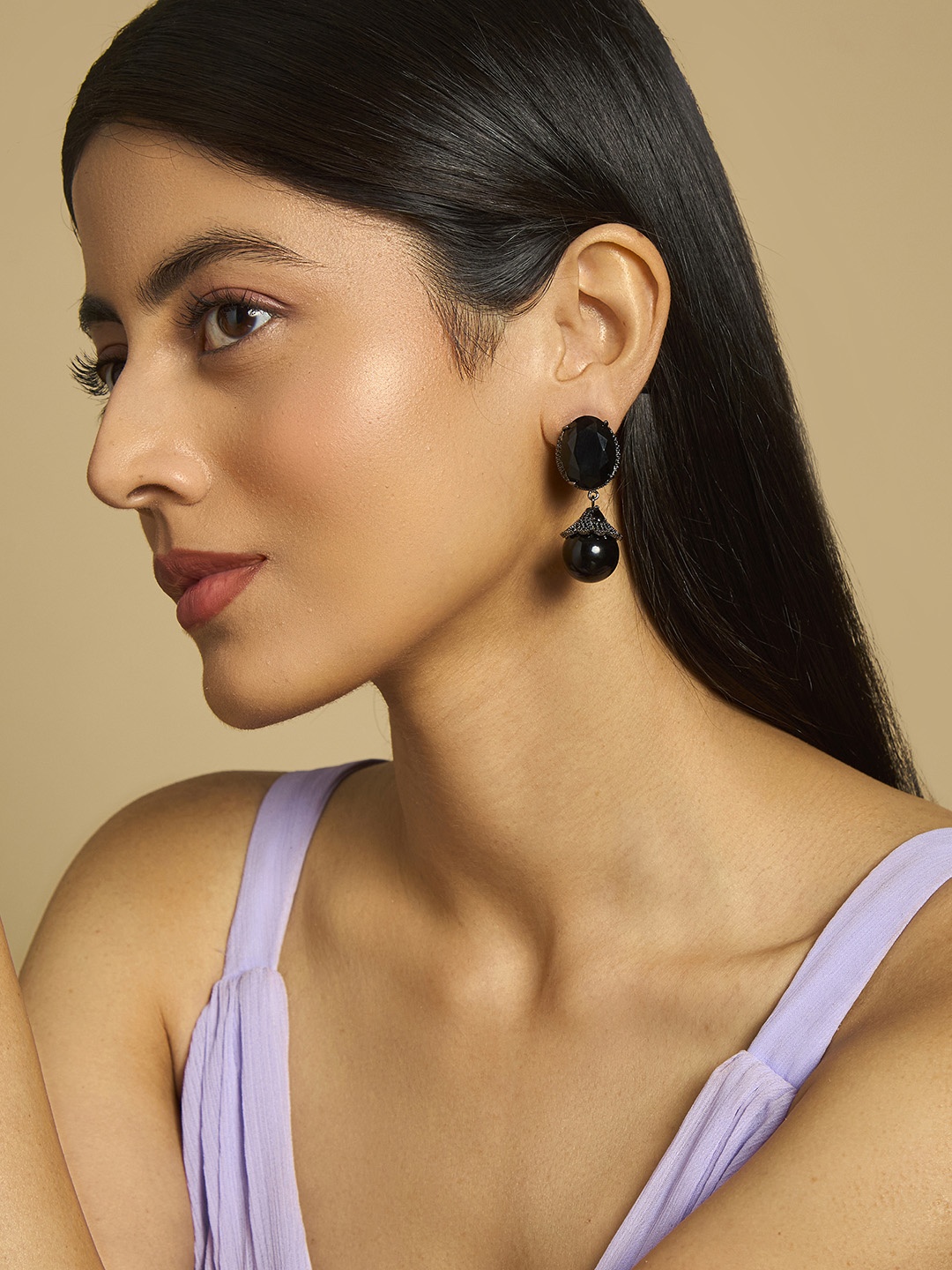 

Kushal's Fashion Jewellery Rhodium-Plated CZ Stone Studded Square Shaped Drop Earrings, Black