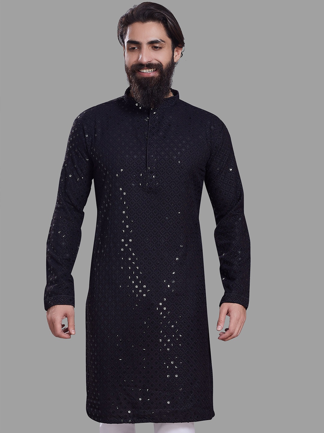 

DIVISIVE Geometric Embroidered Mandarin Collar Sequinned Straight Kurta, Black