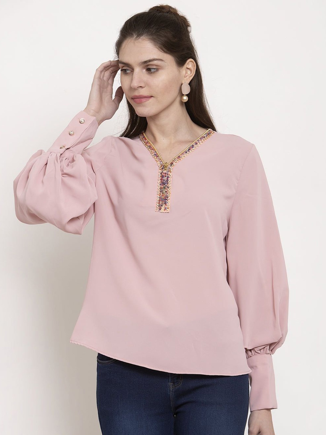

Global Republic Women Embellished V-Neck Top, Pink