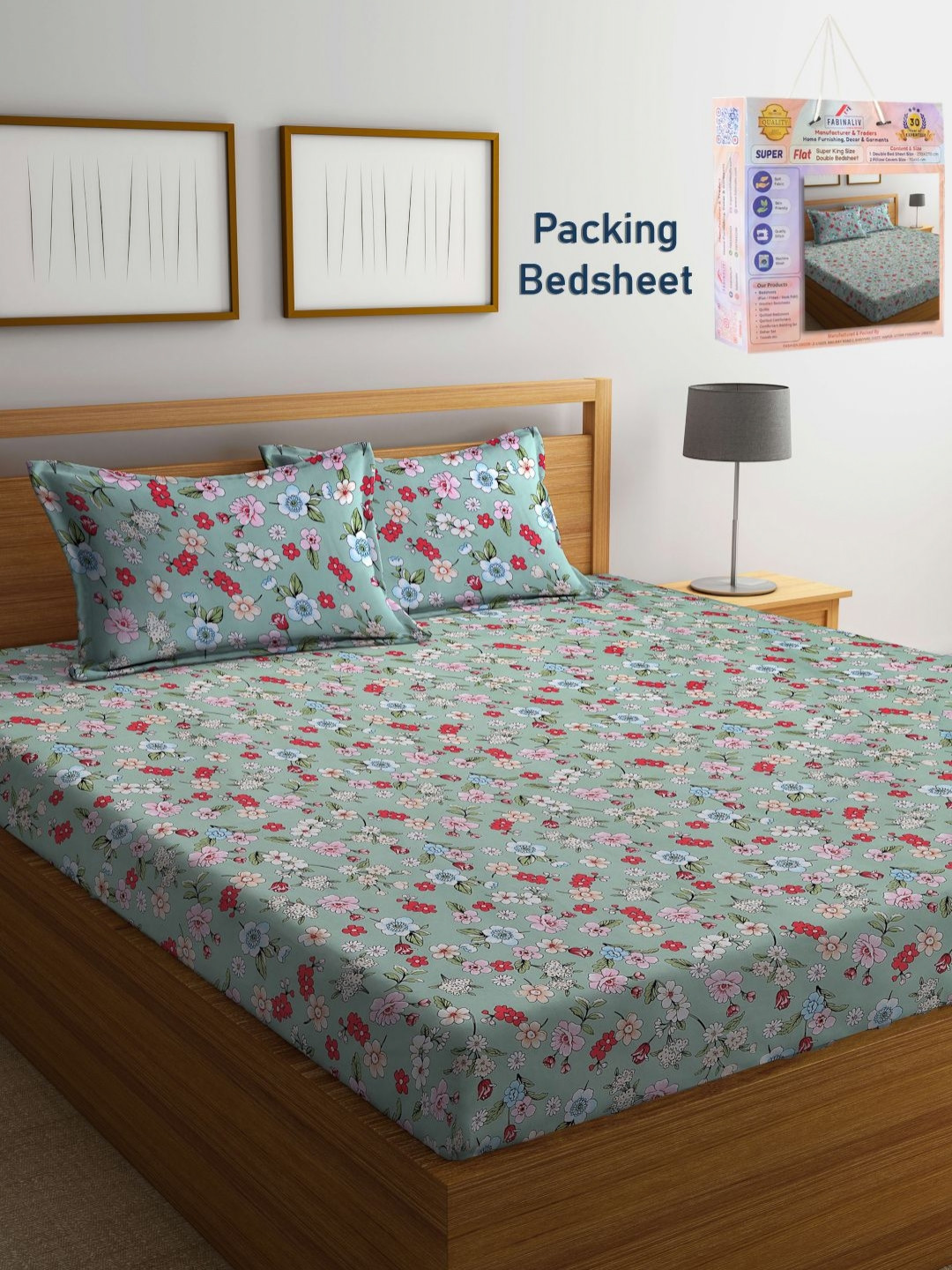 

FABINALIV Green & Red Floral 300 TC King Bedsheet with 2 Pillow Covers
