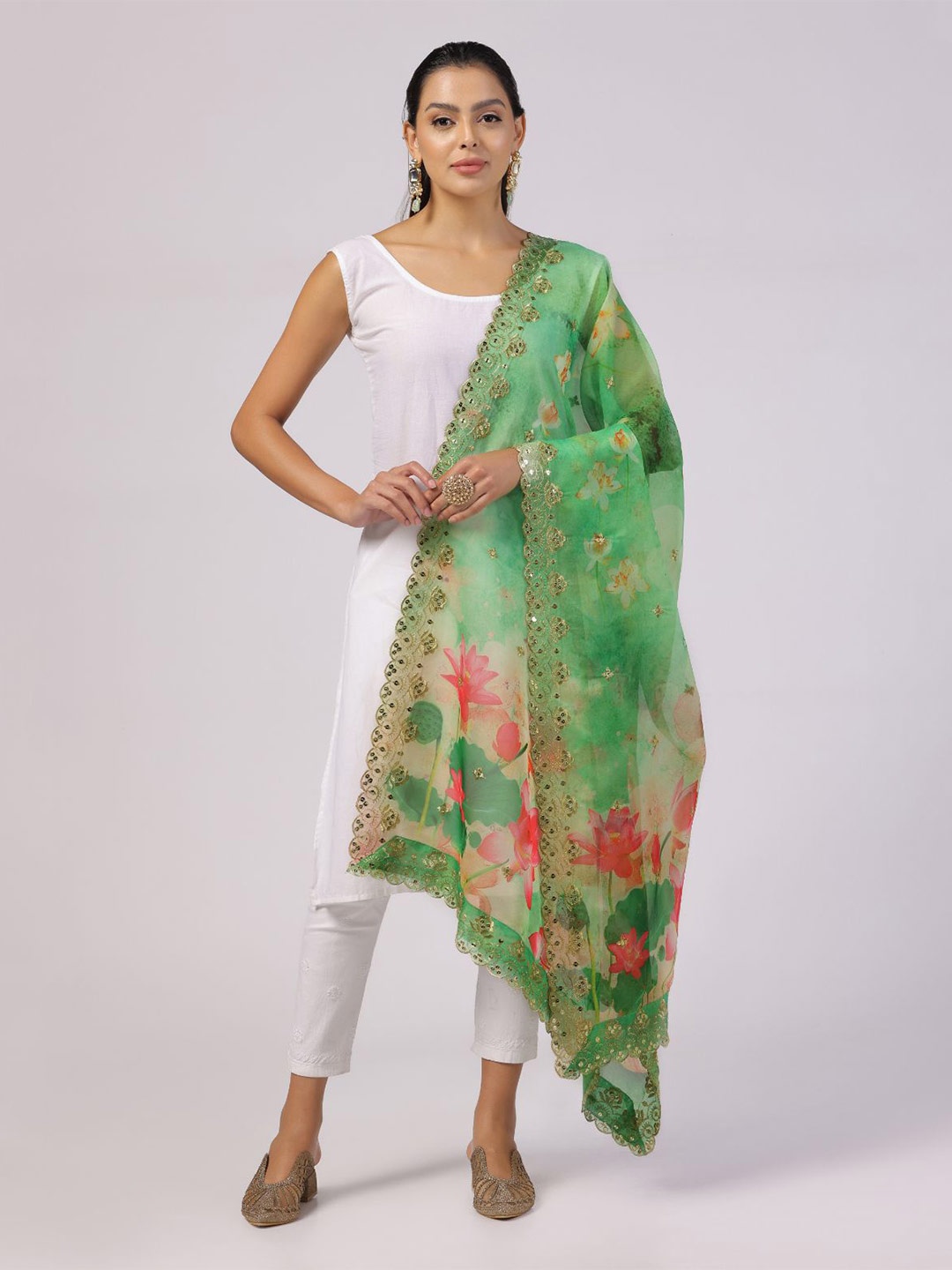 

Kaizen TEXO FAB Floral Printed Sequinned Organza Dupatta, Green