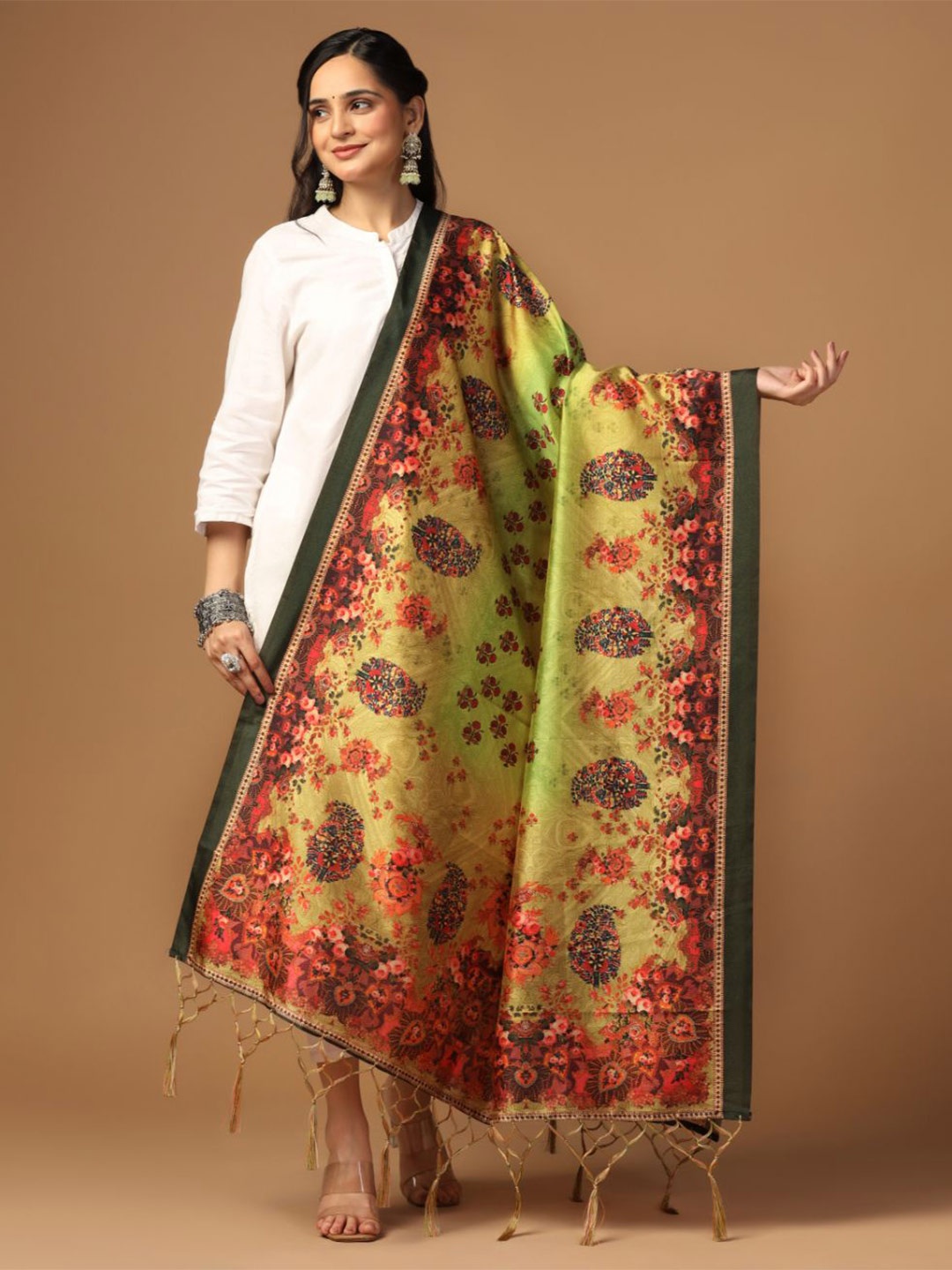 

Kaizen TEXO FAB Printed Assam Silk Dupatta, Green