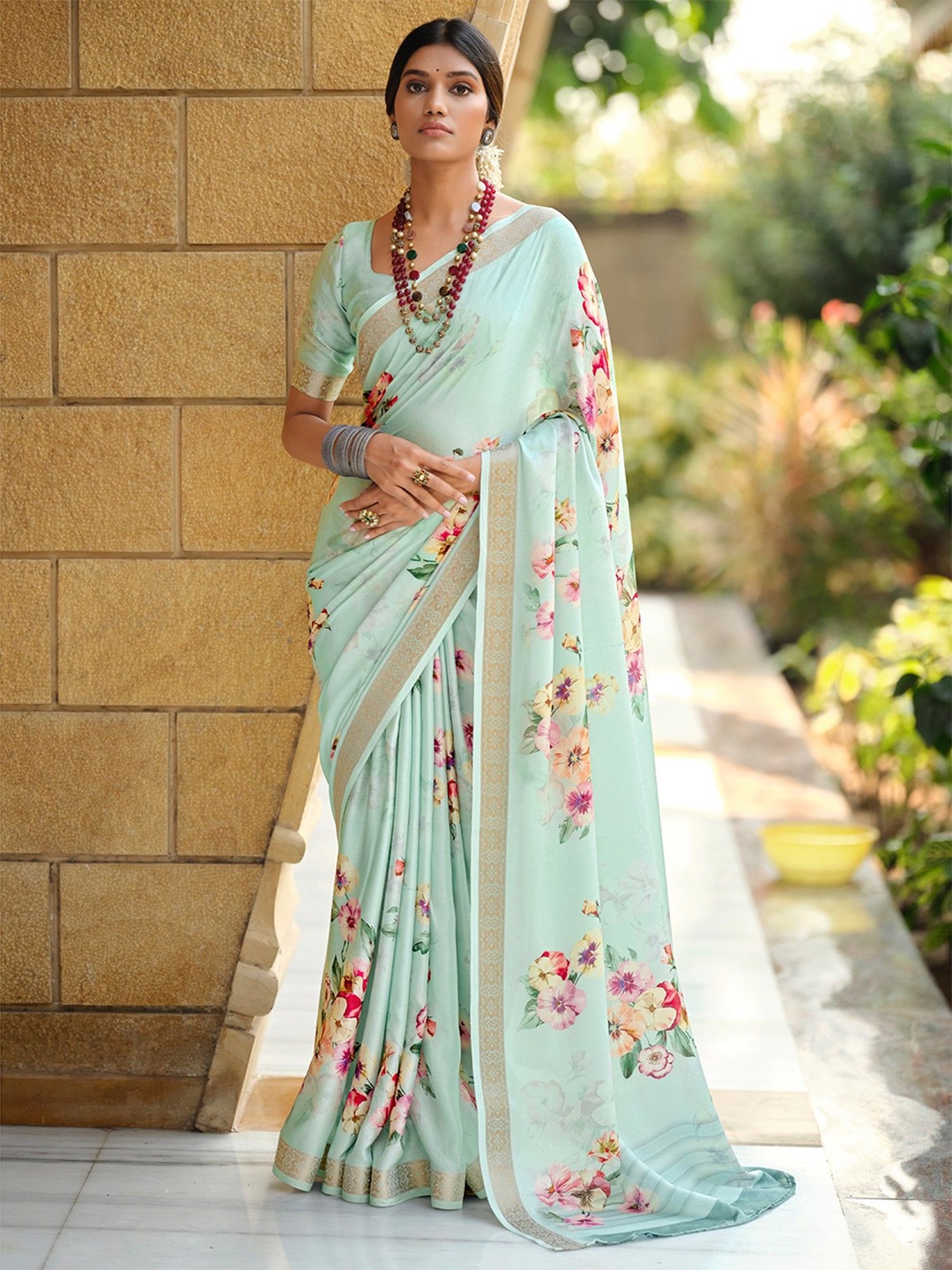 

Mitera Floral Zari Satin Saree, Sea green