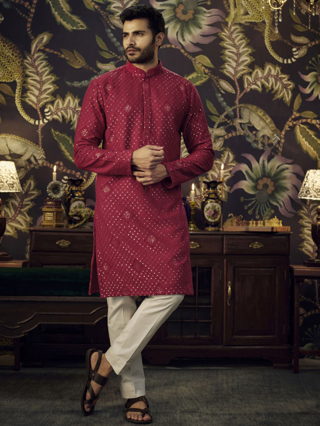 

KASBAH CLOTHING NISHCHAIY SAJDEH Ethnic Motifs Embroidered Mandarin Collar Georgette Kurta, Coffee brown