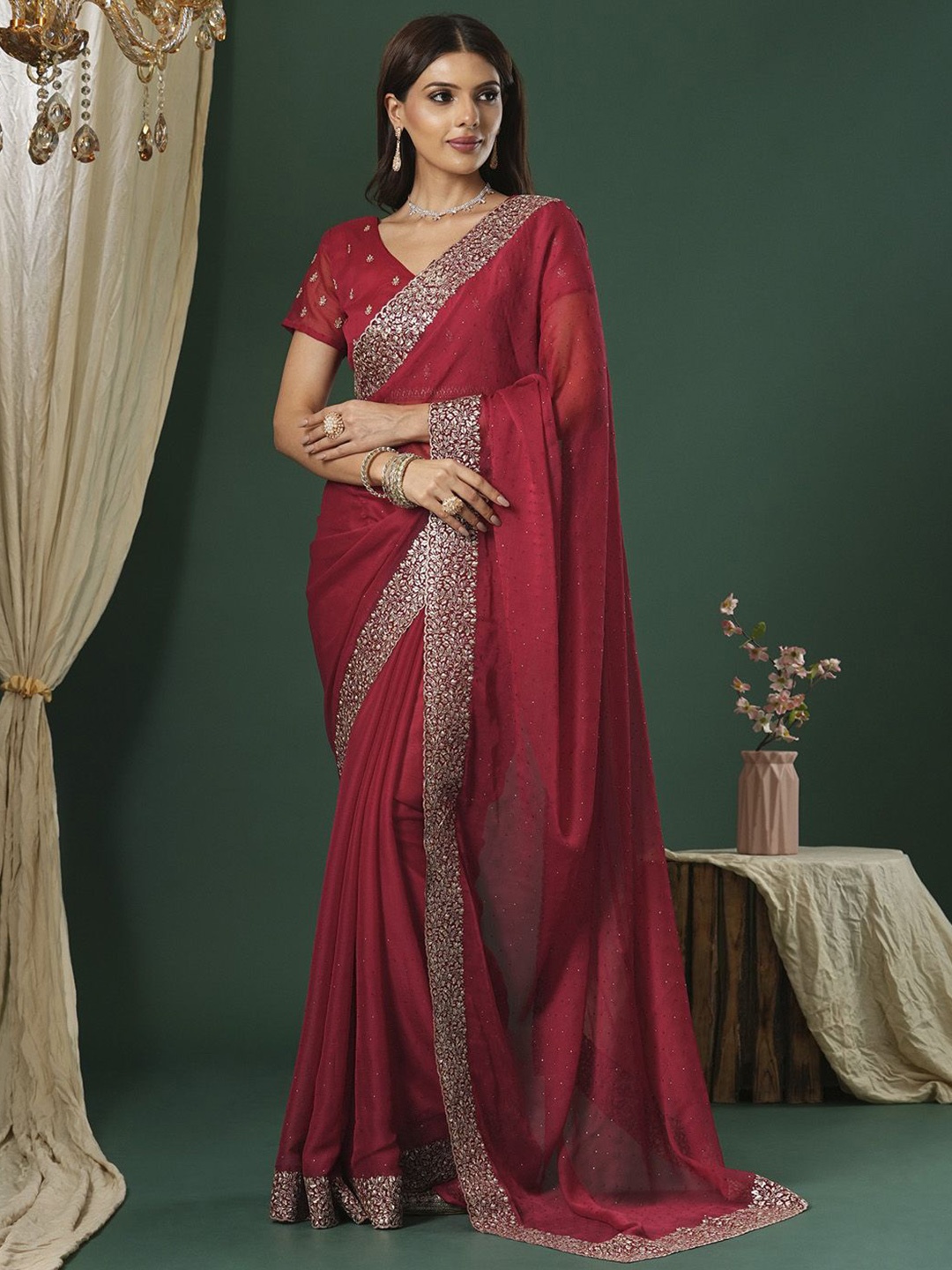 

Saree mall Embellished Beads and Stones Sarees, Red