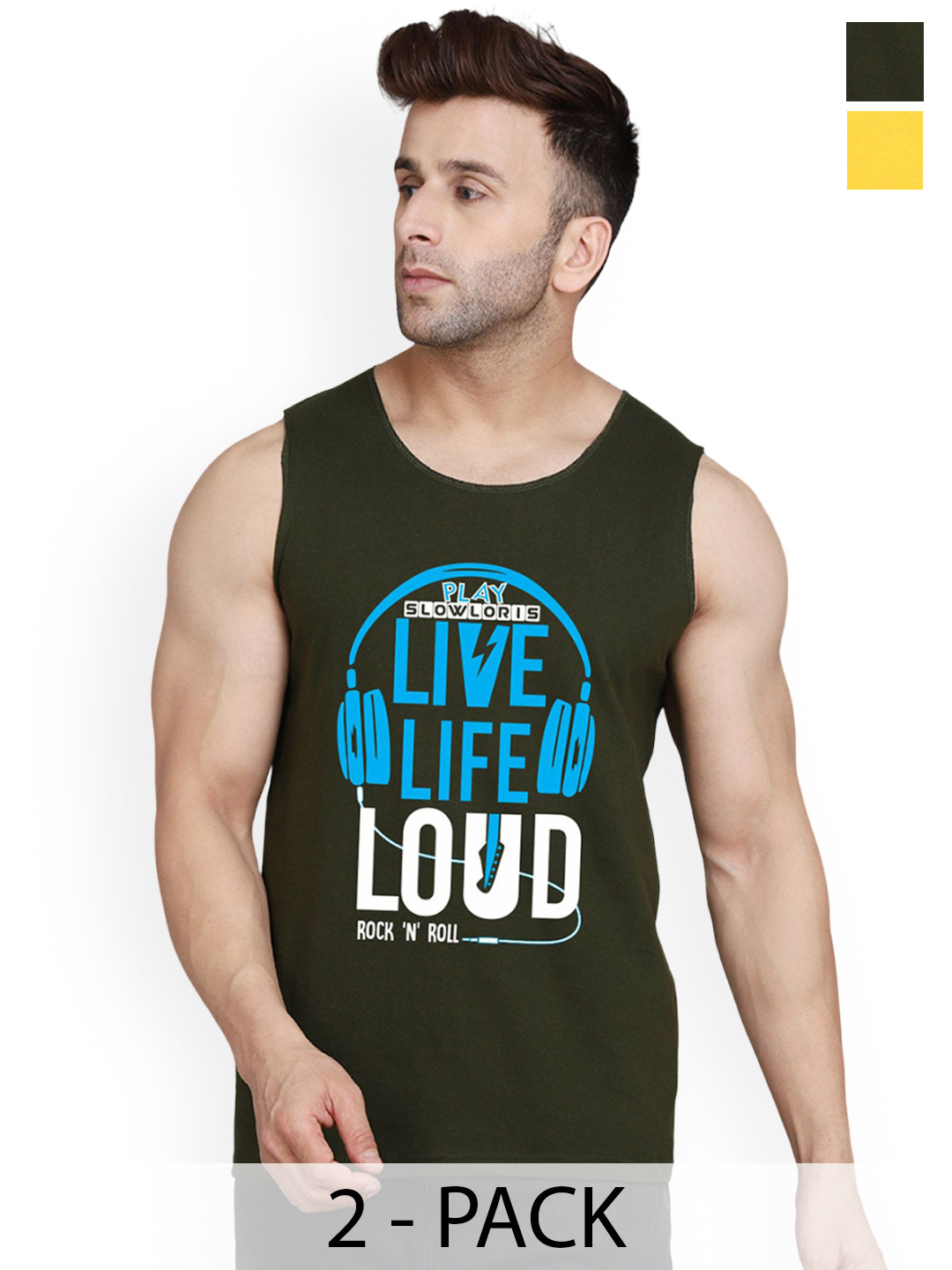 

SLOWLORIS Pack Of 2 Men Printed Innerwear Gym Vests, Olive