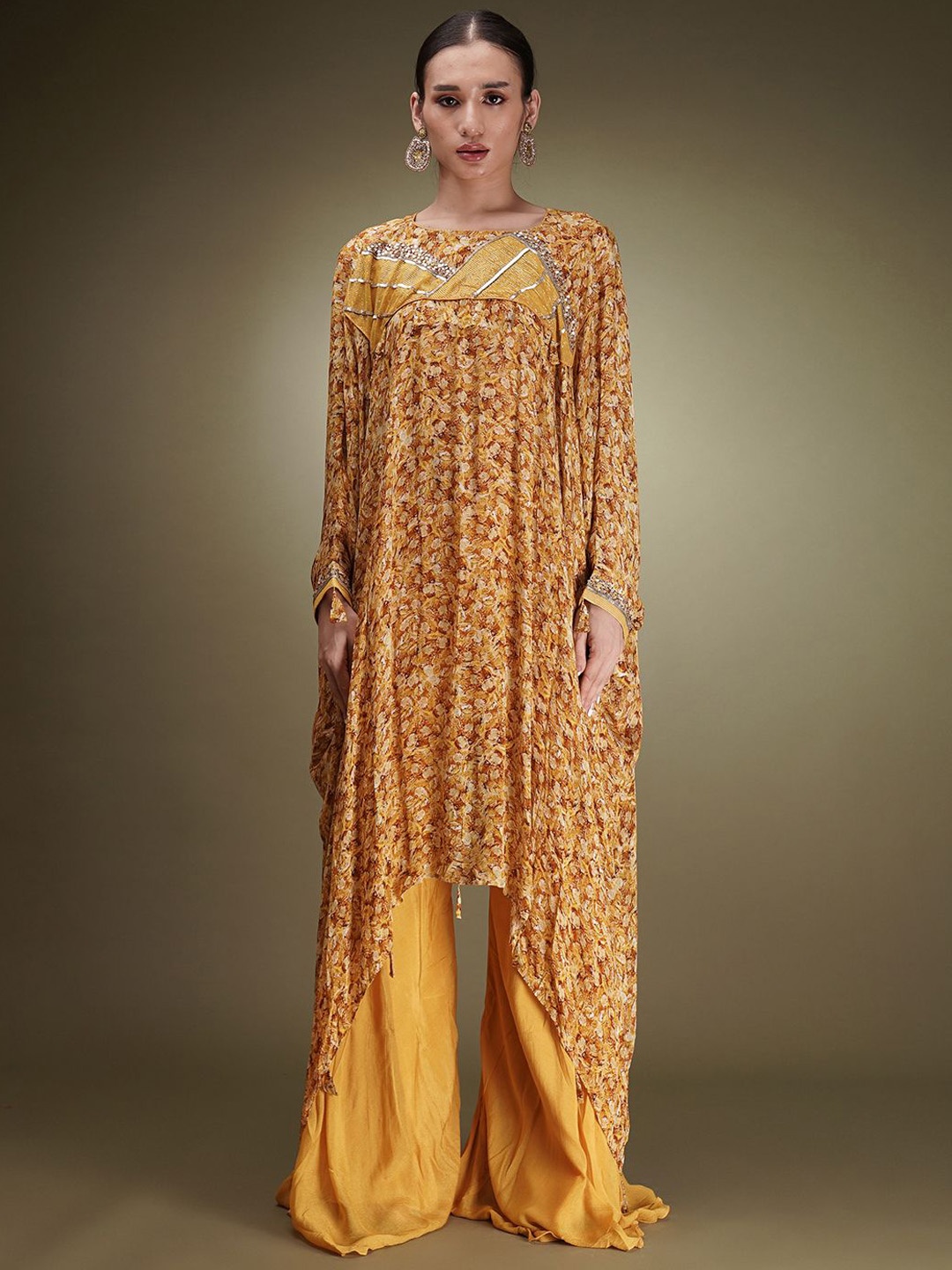 

Breathe by Aakanksha Singh Floral Printed Sequinned Silk Georgette Kaftan Kurta & Sharara, Yellow