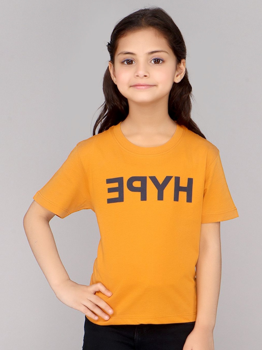 

DDOUDDOU Girls Typography Printed Round Neck Cotton T-Shirt, Yellow